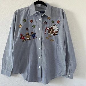 90’s Vintage Karen Scott Embroidered Gingerbread Button Down
